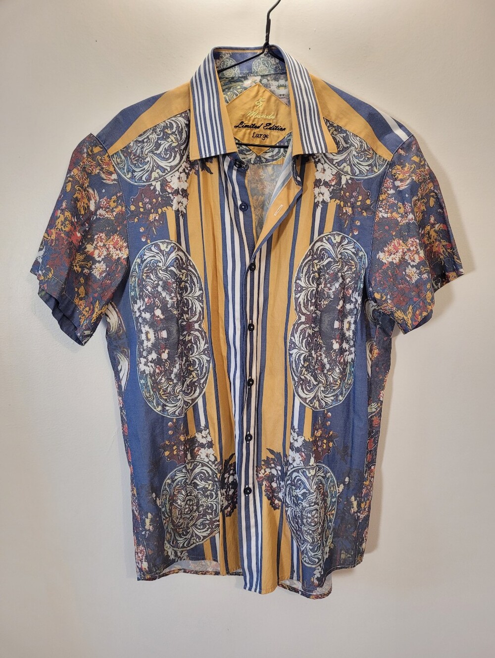 Mondo Limited Edition Men's Short Sleeve Button-Down Shirt - Blue Mustard - Eu L